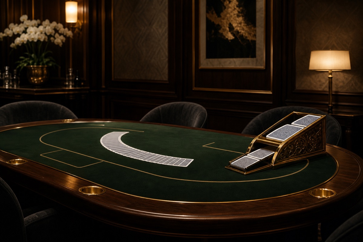 A private baccarat salon with green baize and gilded card shoe at The Comepleasure Casino Hotel