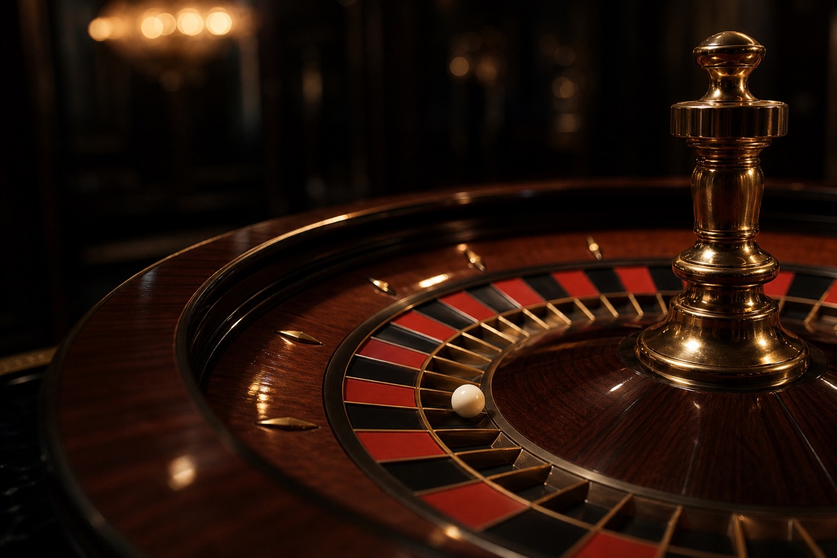 A polished mahogany roulette wheel under warm golden light at The Comepleasure Casino Hotel